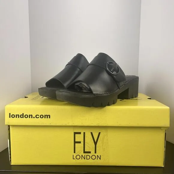FLY LONDON EPLE519FLY Lightweight Black Leather Chunky Heel Platform Sandal