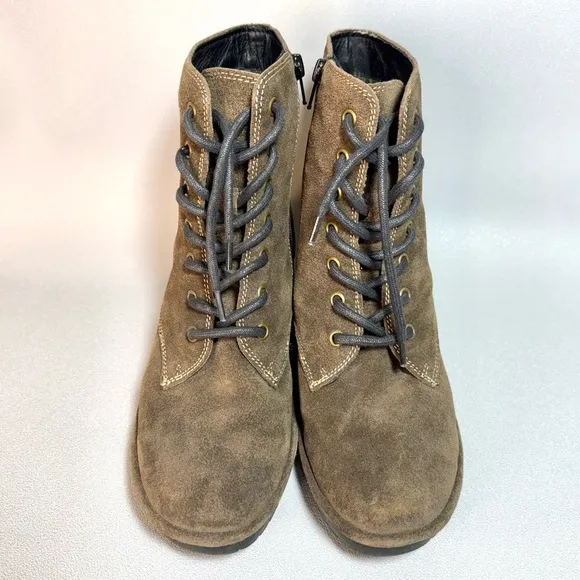 Fly London Olive Brown Suede Leather Lace-Up Combat Ankle Boots