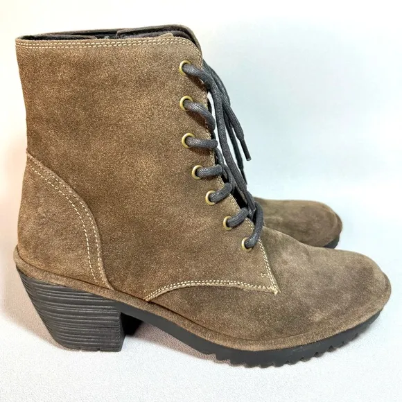Fly London Olive Brown Suede Leather Lace-Up Combat Ankle Boots