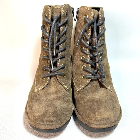 Fly London Olive Brown Suede Leather Lace-Up Combat Ankle Boots