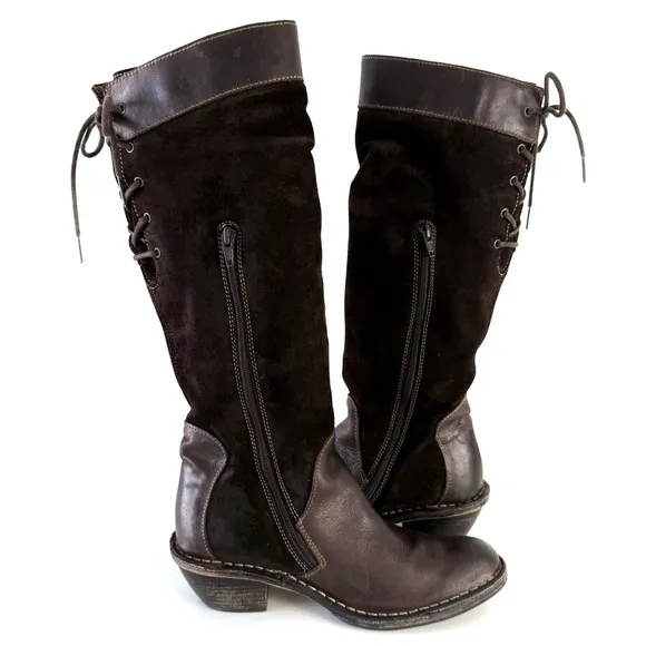 FLY London Western Style Suede Leather Slouch Lace-Up Knee Boots Brown Sz 38