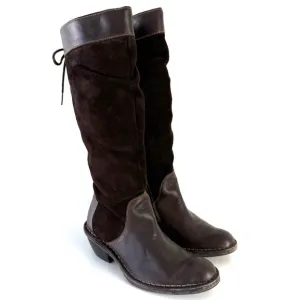 FLY London Western Style Suede Leather Slouch Lace-Up Knee Boots Brown Sz 38