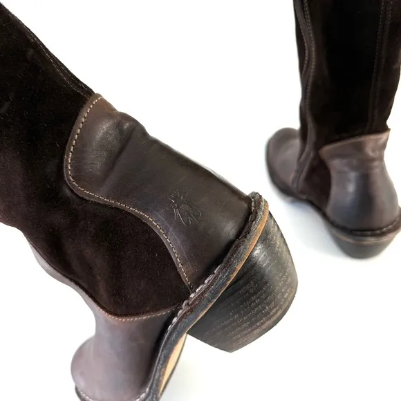 FLY London Western Style Suede Leather Slouch Lace-Up Knee Boots Brown Sz 38