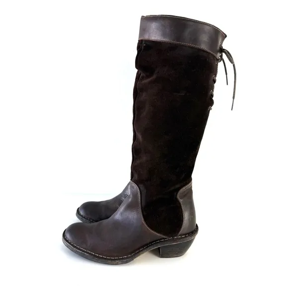 FLY London Western Style Suede Leather Slouch Lace-Up Knee Boots Brown Sz 38