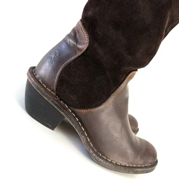 FLY London Western Style Suede Leather Slouch Lace-Up Knee Boots Brown Sz 38