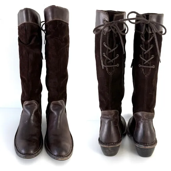 FLY London Western Style Suede Leather Slouch Lace-Up Knee Boots Brown Sz 38