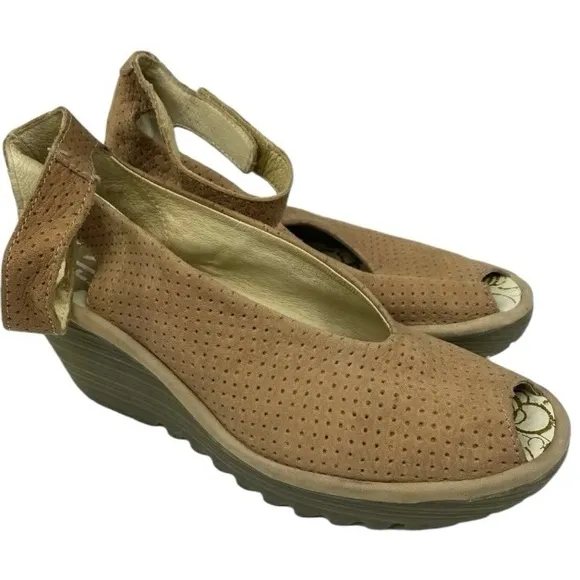 Fly London Yala Perforated Wedge Sandal Beige USA Size  5.5 Eur Size 36
