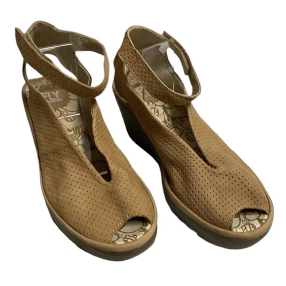 Fly London Yala Perforated Wedge Sandal Beige USA Size  5.5 Eur Size 36