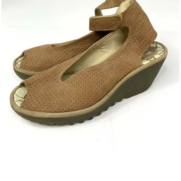 Fly London Yala Perforated Wedge Sandal Beige USA Size  5.5 Eur Size 36