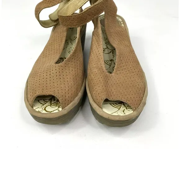 Fly London Yala Perforated Wedge Sandal Beige USA Size  5.5 Eur Size 36