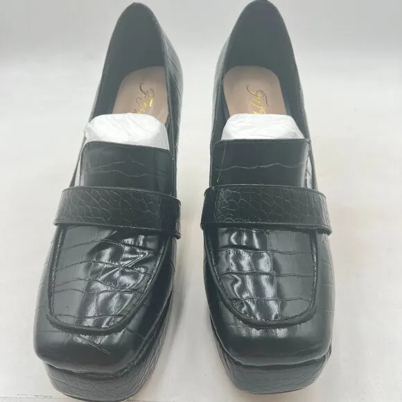 FOWT Black Chunky Heel Leather Loafer Square Toe High Heel Loafer Slip-on Shoes
