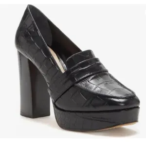 FOWT Black Chunky Heel Leather Loafer Square Toe High Heel Loafer Slip-on Shoes