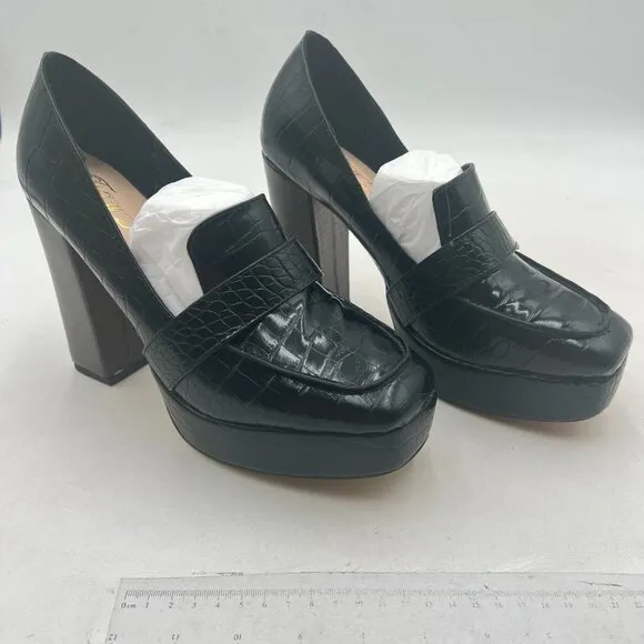 FOWT Black Chunky Heel Leather Loafer Square Toe High Heel Loafer Slip-on Shoes