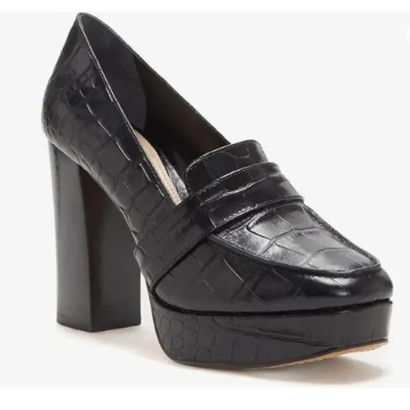 FOWT Black Chunky Heel Leather Loafer Square Toe High Heel Loafer Slip-on Shoes