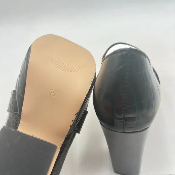 FOWT Black Chunky Heel Leather Loafer Square Toe High Heel Loafer Slip-on Shoes