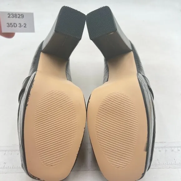 FOWT Black Chunky Heel Leather Loafer Square Toe High Heel Loafer Slip-on Shoes