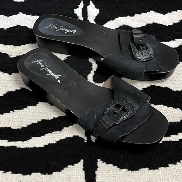 FP Westtown Slide Leather Wooden Clogs Sandals Buckle Size 41