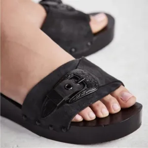 FP Westtown Slide Leather Wooden Clogs Sandals Buckle Size 41