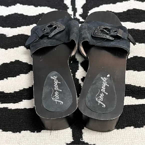 FP Westtown Slide Leather Wooden Clogs Sandals Buckle Size 41