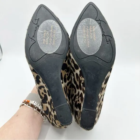 Franco Sarto Sambra Calf’s Hair Leopard Print Wrapped Wedge Pointed Toe Pumps 8