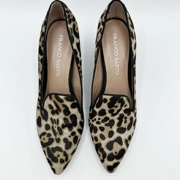 Franco Sarto Sambra Calf’s Hair Leopard Print Wrapped Wedge Pointed Toe Pumps 8