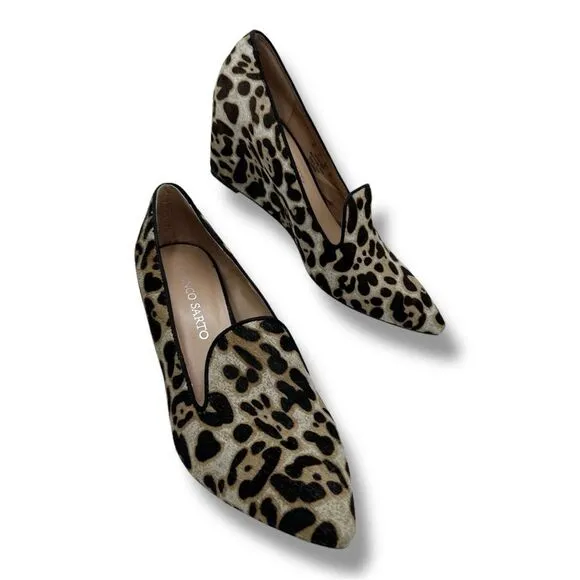 Franco Sarto Sambra Calf’s Hair Leopard Print Wrapped Wedge Pointed Toe Pumps 8