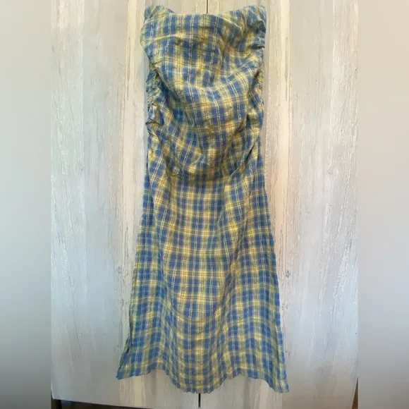 Free People Brandie Plaid Midi Ruched Tube Midi Dress