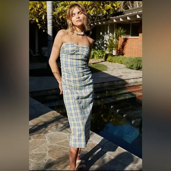 Free People Brandie Plaid Midi Ruched Tube Midi Dress