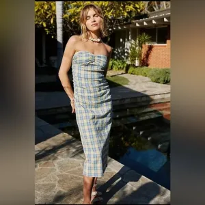 Free People Brandie Plaid Midi Ruched Tube Midi Dress