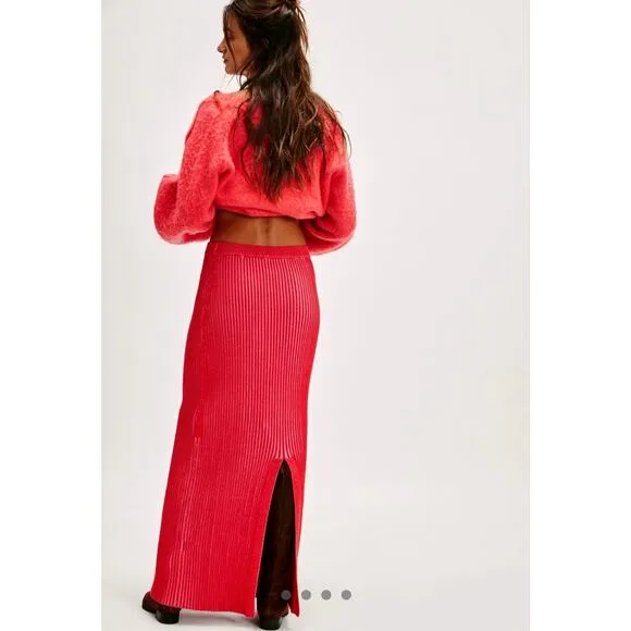 Free People Clara Hi Rise Knit Slit Back Maxi Skirt Fiery Red Combo size L