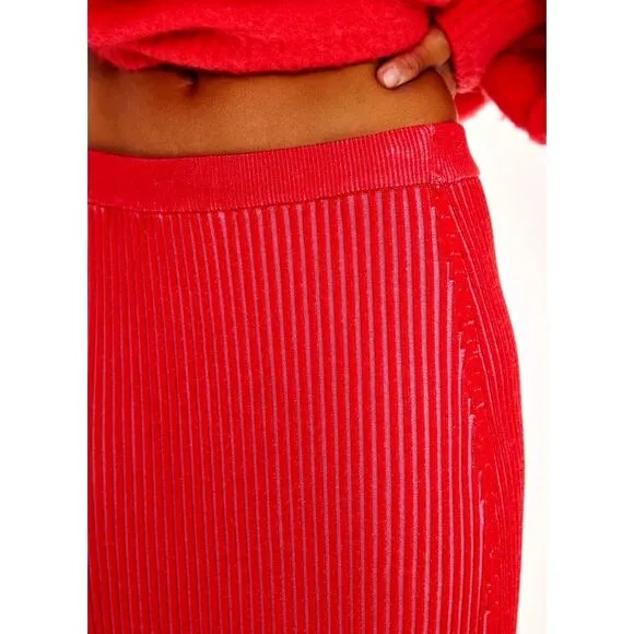 Free People Clara Hi Rise Knit Slit Back Maxi Skirt Fiery Red Combo size L
