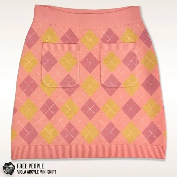 FREE PEOPLE FP ARGYLE VIOLA SWEATER MINI SKIRT IN PINK COMBO SIZE SMALL NEW