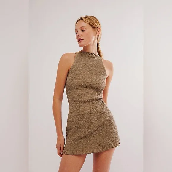 Free People Iyla Boho Smocked Bodycon Mini Dress Retro High Square Neck Beige XS