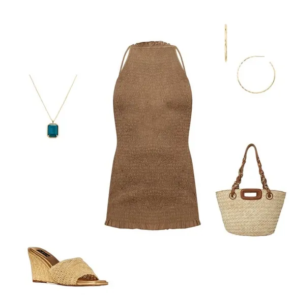 Free People Iyla Boho Smocked Bodycon Mini Dress Retro High Square Neck Beige XS