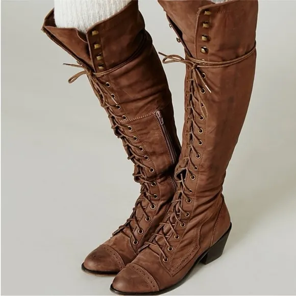 Free people Jeffrey Campbell leather Joe lace up Boots brown tan sz 8