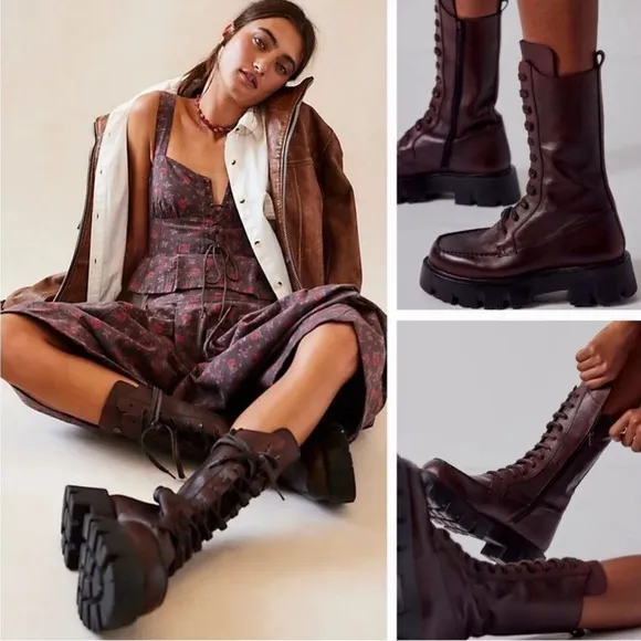 Free People Jones Lug Sole Lace Up Boots Burgundy Size 7.5 NWOT