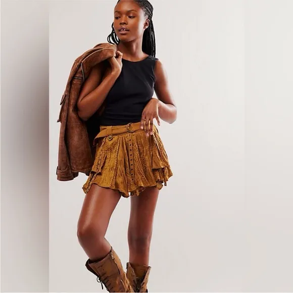 Free People Rue Mini Skirt Gold Brown XS NEW NWT