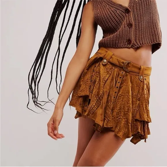 Free People Rue Mini Skirt Gold Brown XS NEW NWT