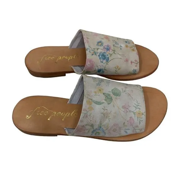 Free People Vicente Leather Slide Sandals Natural Floral 38/8