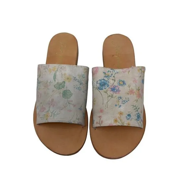 Free People Vicente Leather Slide Sandals Natural Floral 38/8
