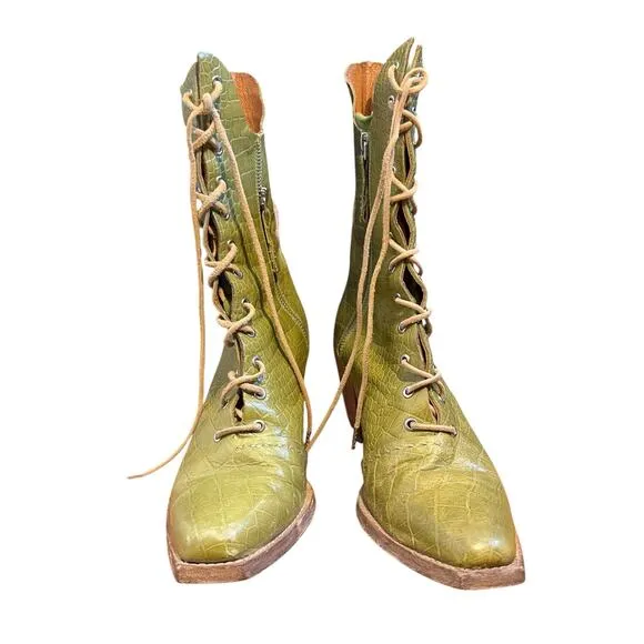Free People We The Free Canyon Lace Up Boots Green Apple Croc Western Size 39