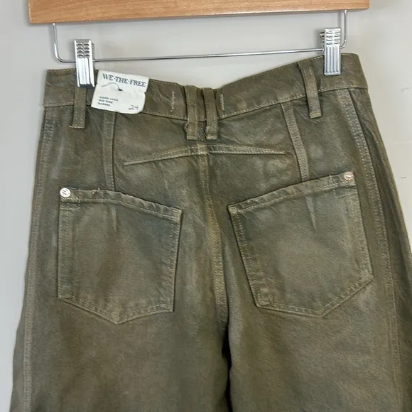 Free People We The Free Good Luck Coated Mid Rise Barrel Jean Vegan Sz 24 NEW