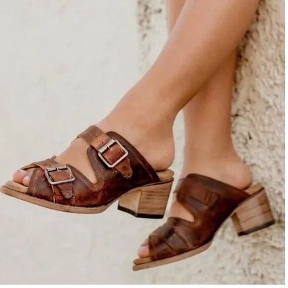 Freebird by Steven Caprice Brown Buckle Sandal Mule Heel Western Desert US 8