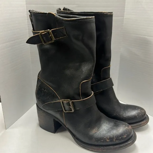 Freebird by Steven distressed black leather mid-calf Moto biker boots EUC size 8