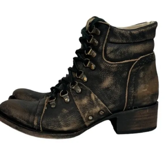 Freebird by Steven Gage Distressed Leather Lace-up Boots 7 Boho Western Biker