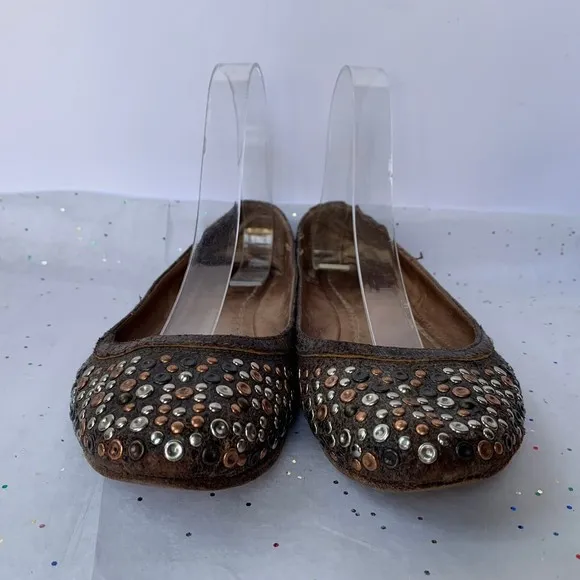 Frye Carson Brown Distressed Leather Gold Studded Grommet Ballet Flat -  Size 8