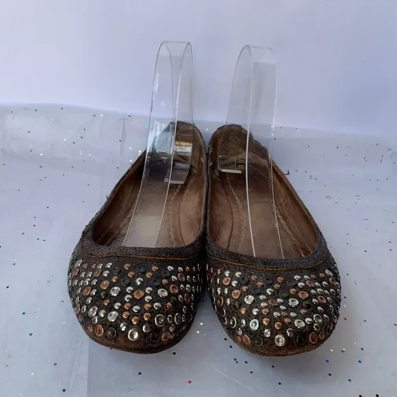Frye Carson Brown Distressed Leather Gold Studded Grommet Ballet Flat -  Size 8