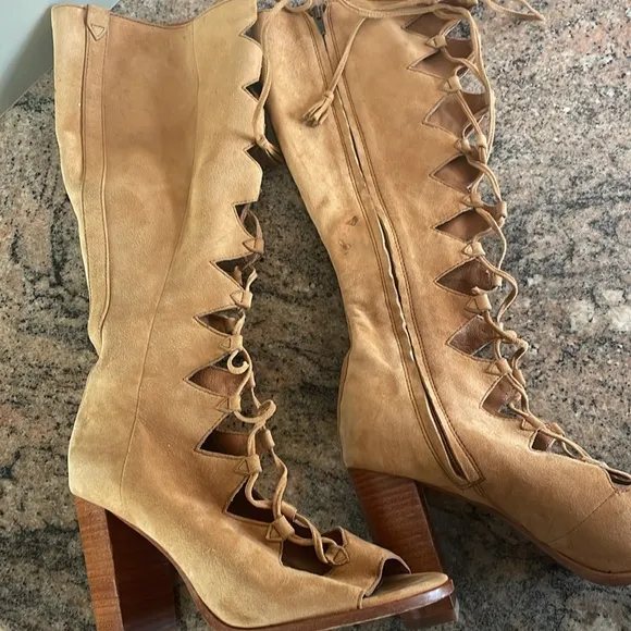 Frye Gabby Ghillie Tall Camel Suede Boots