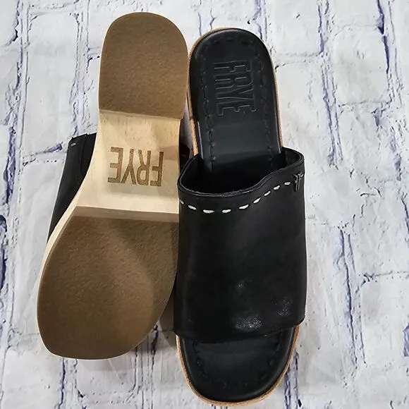 Frye WOMENS SZ 7.5 Hazel 2 Slide Platform Sandals Clog Black Leather Block Heels