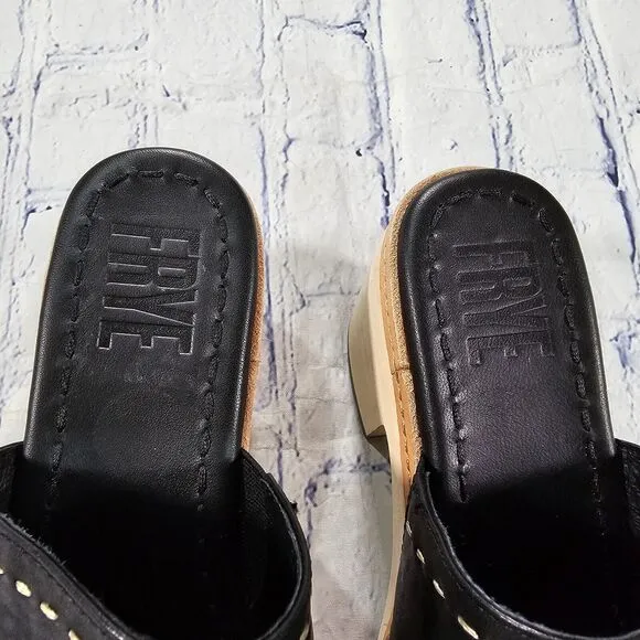 Frye WOMENS SZ 7.5 Hazel 2 Slide Platform Sandals Clog Black Leather Block Heels